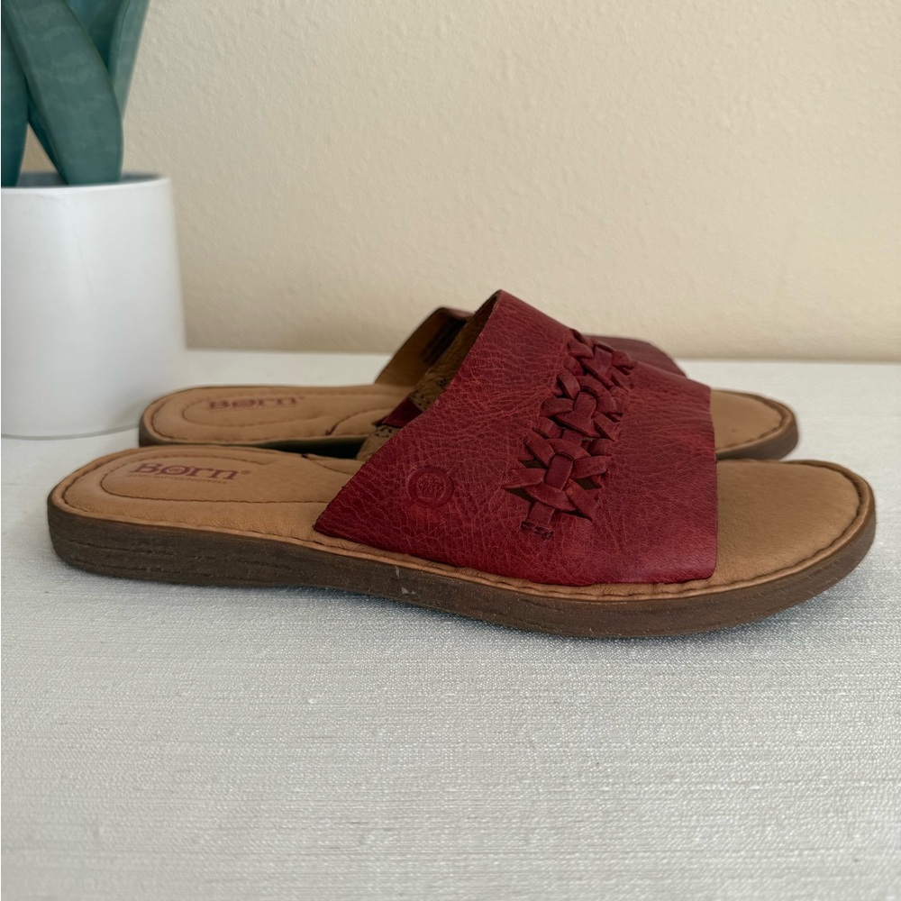 Born Burgundy Leather Woven Slide Sandals - Picture 3 of 13